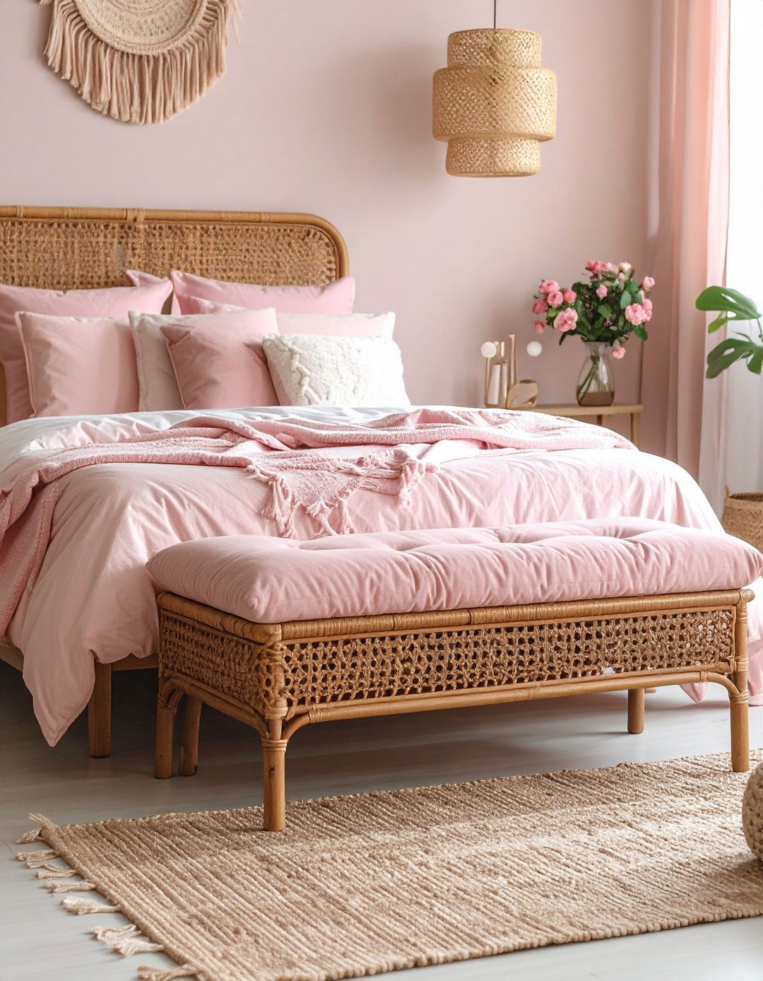 Wicker Storage Bench with Pink Cushioning - 24 Pink Boho Bedroom Ideas