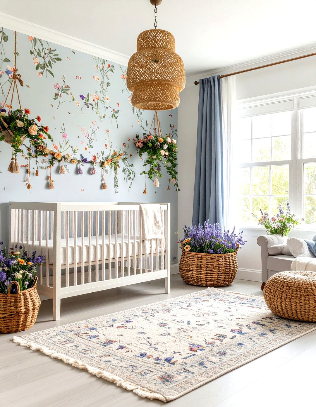 Wildflower Meadow Nursery with Pastel Botanical Wallpaper - 24 Nursery Garden Ideas