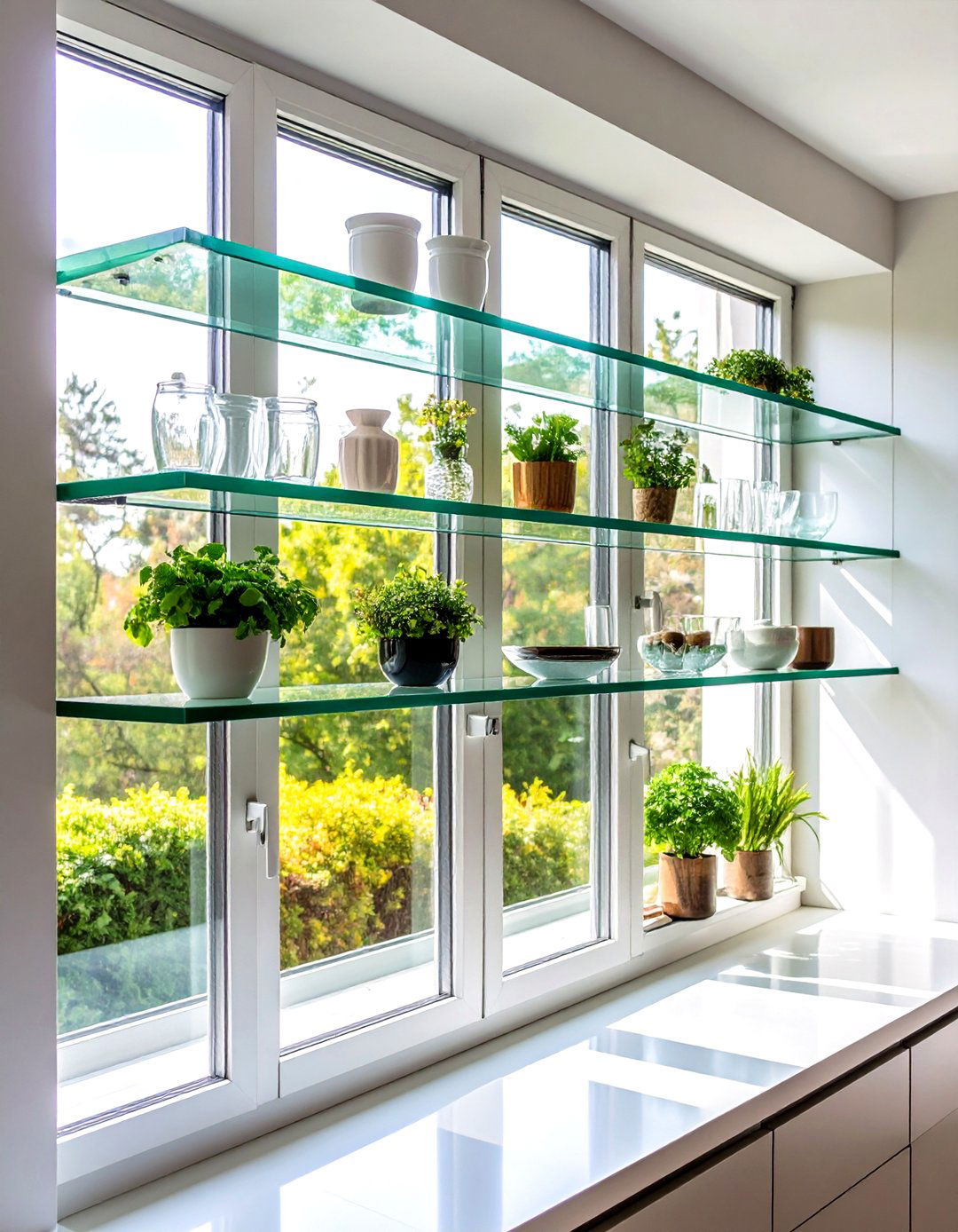 Window Spanning Glass Shelves - 24 Open Shelving Kitchen Ideas