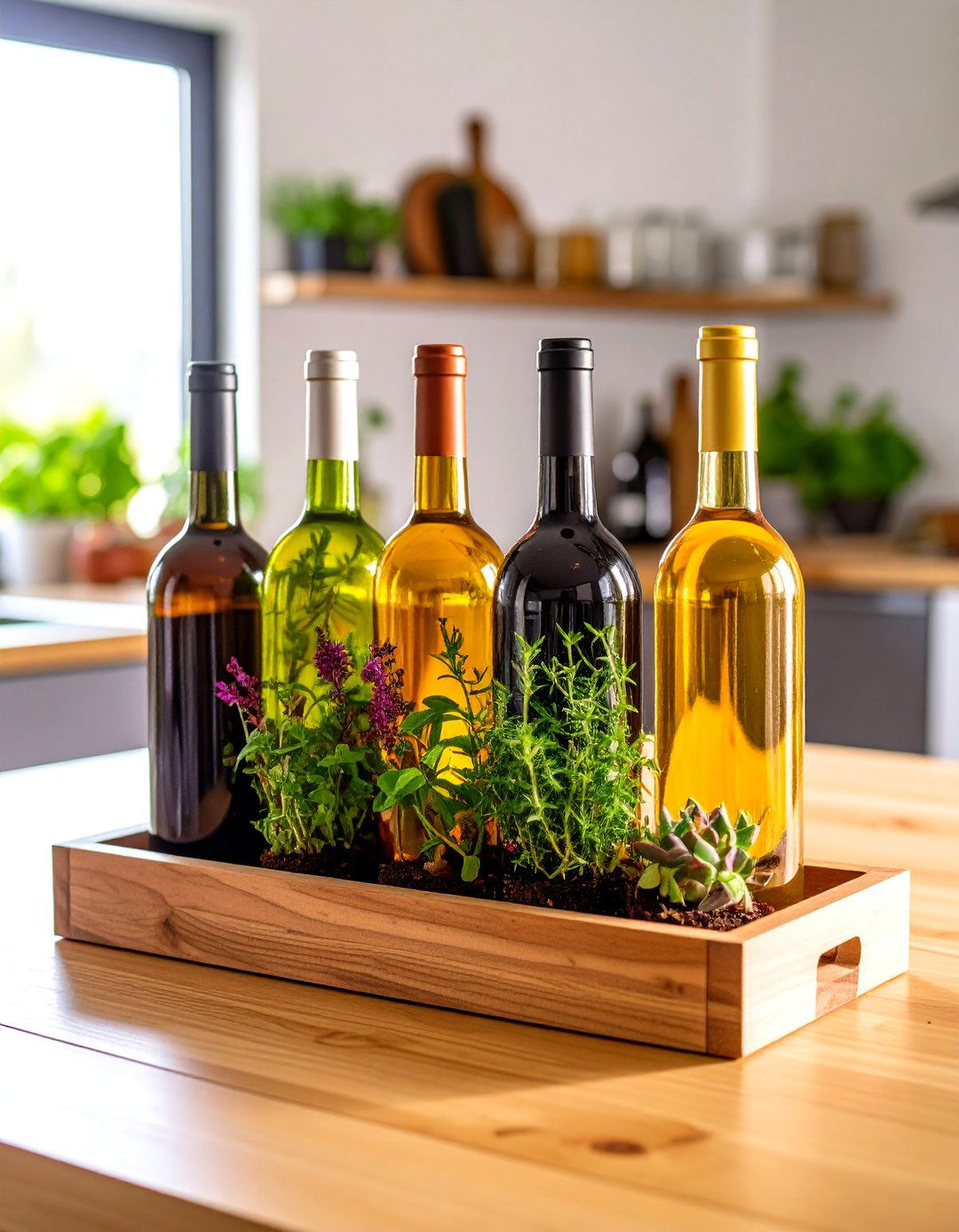 Wine Bottle Planter Garden - 24 Kitchen Island Centerpiece Ideas