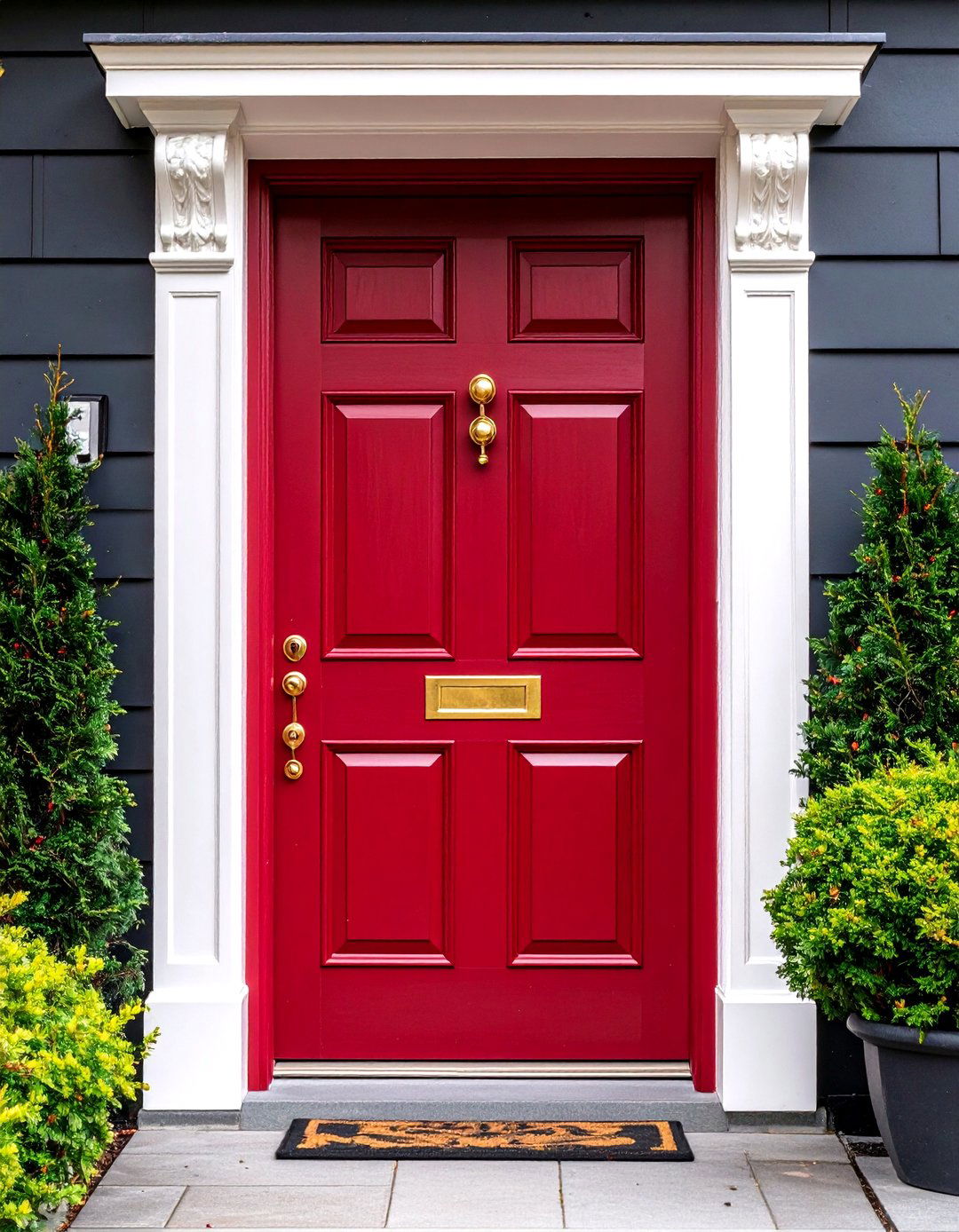 Wine Red Door with Brass Kickplate and Hardware - 24 Dark Red Front Door Ideas