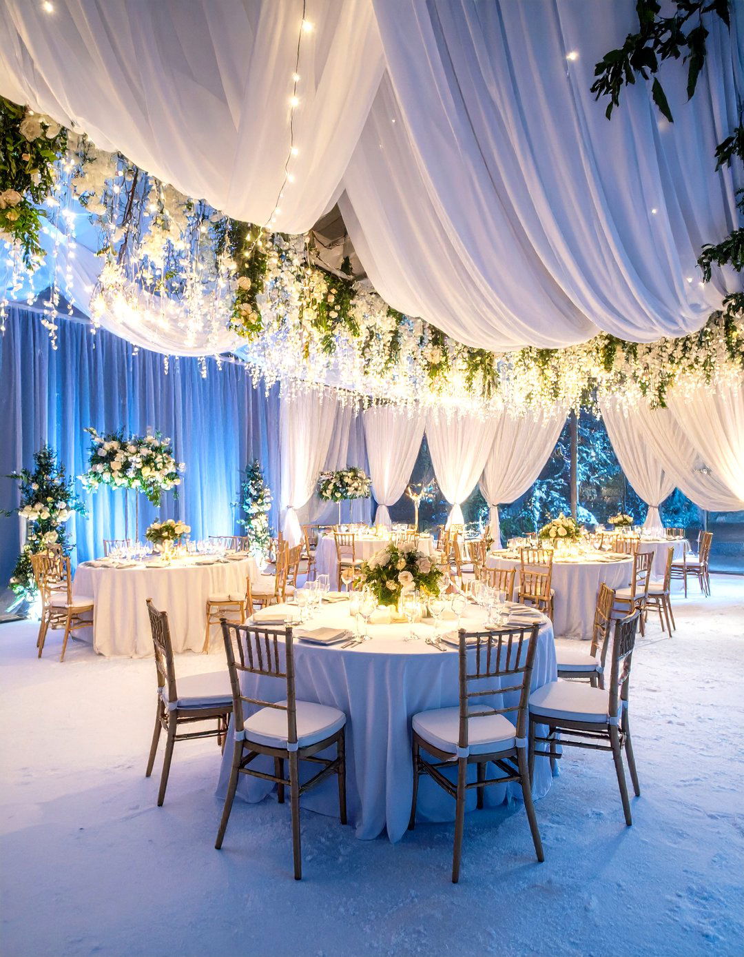 Winter Wonderland Reception with Hanging Snow Elements - 24 Winter Wedding Ideas