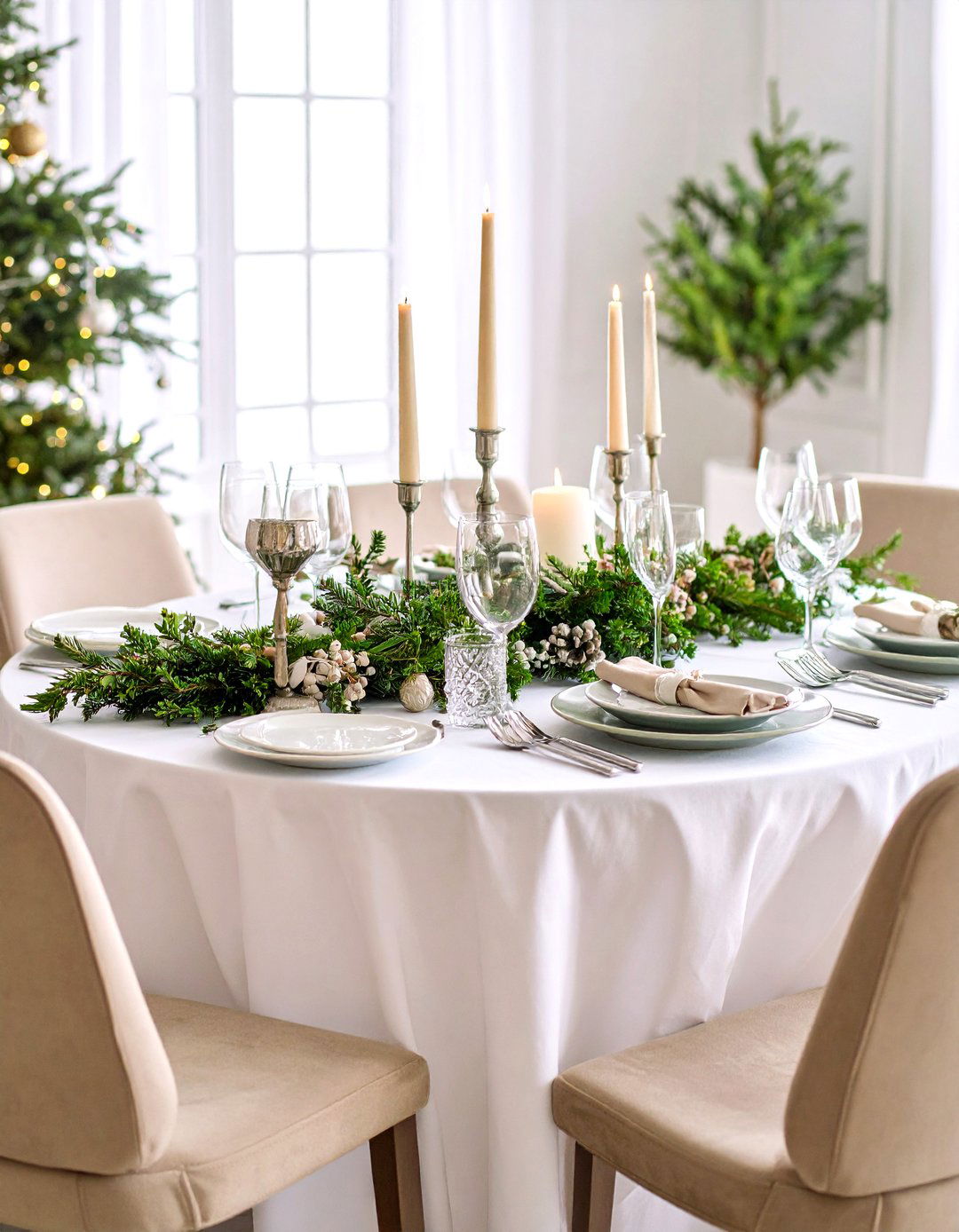 Winter Wonderland with Evergreen and Silver Details - 24 Round Table Decor Ideas