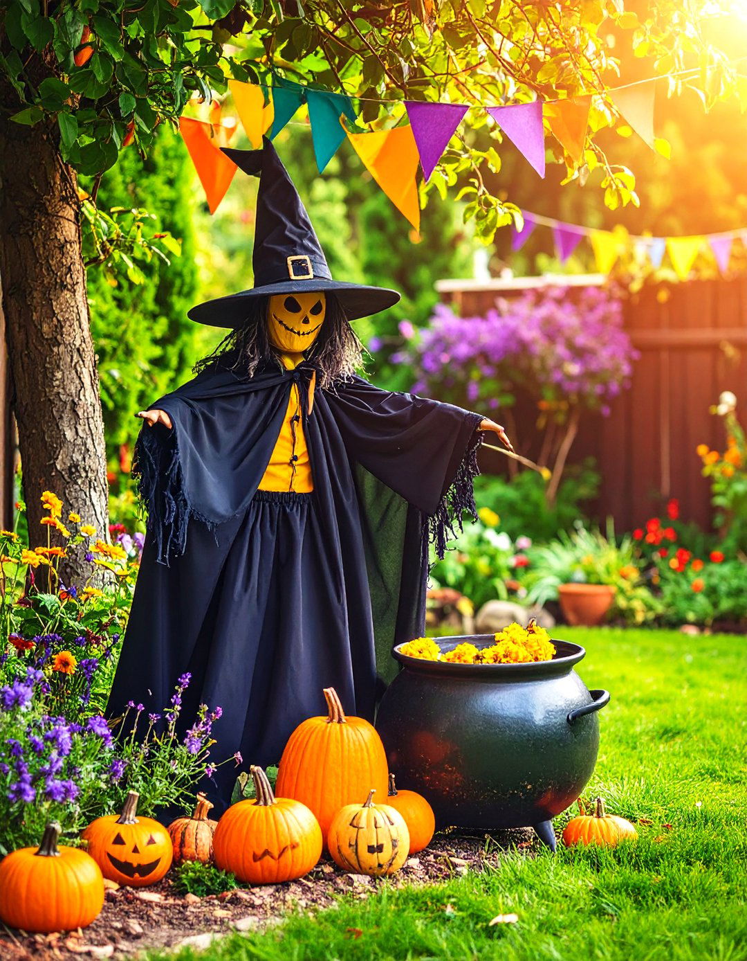 Witch Scarecrow with Cauldron - 24 Garden Scarecrow Ideas