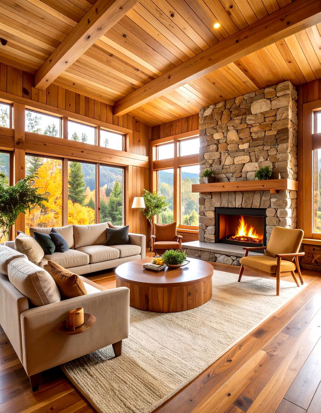 Wood Lined Cozy Cabin Style - 24 Sunken Living Room Ideas