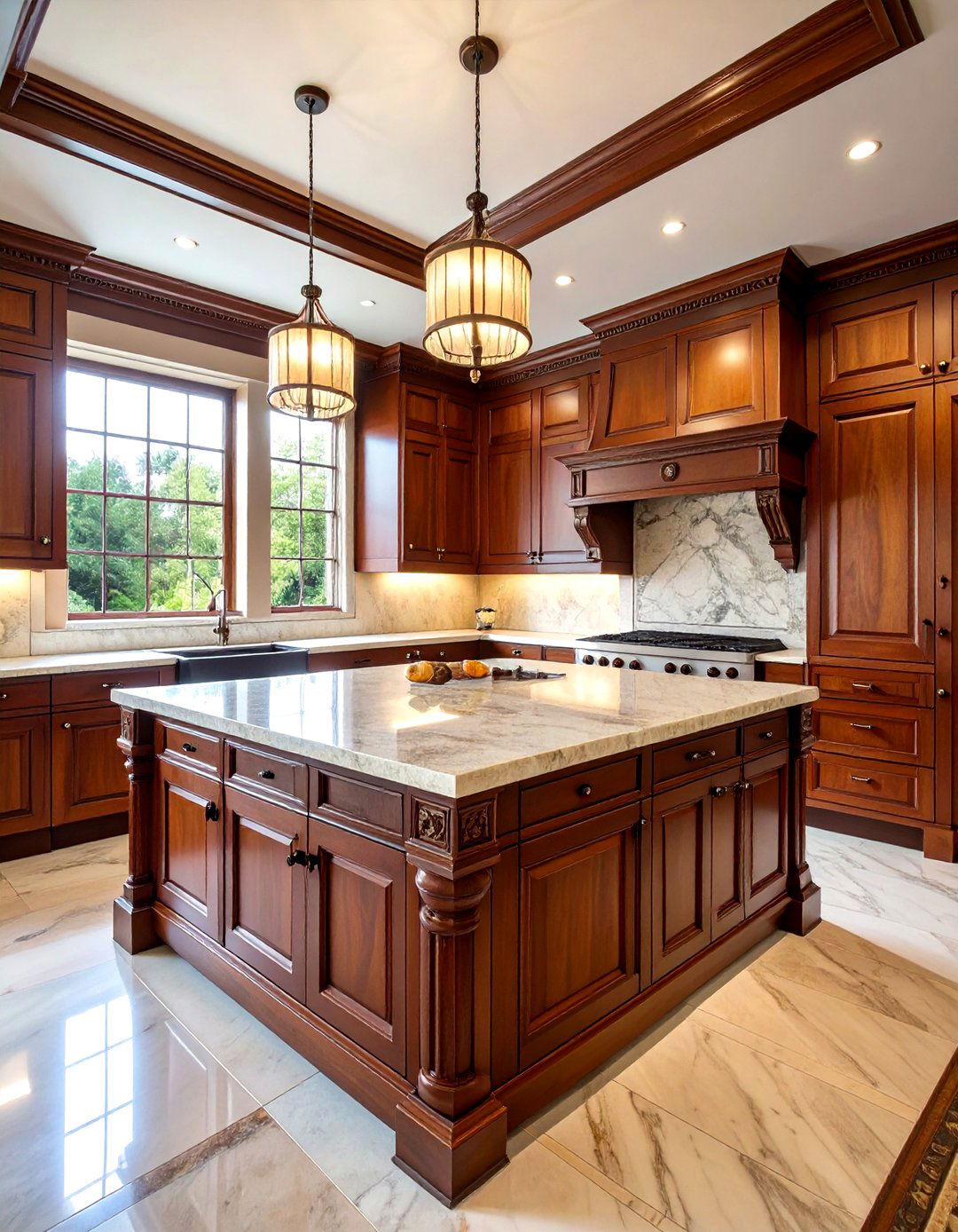 Wood Paneled Island with Marble Top - 24 Victorian Kitchen Ideas