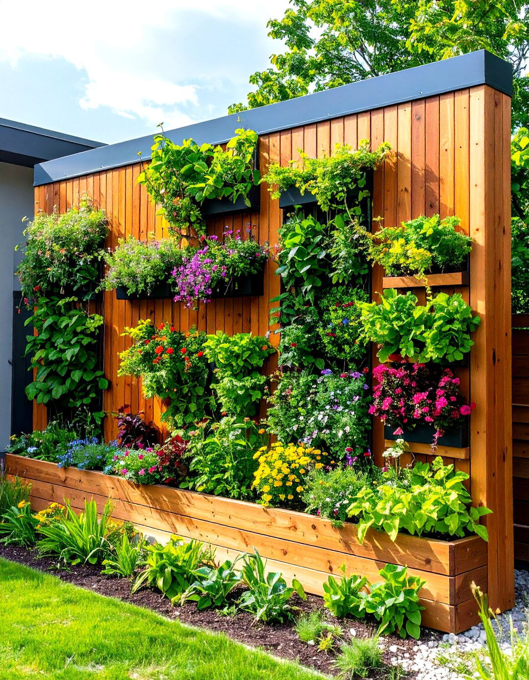Wood Retaining Wall with Green Wall Vertical Garden Integration - 24 Wood Retaining Wall Ideas