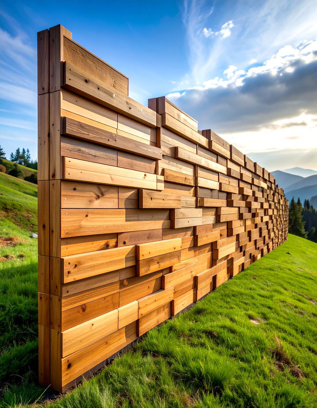Wood Retaining Wall with Staggered Height Design - 24 Wood Retaining Wall Ideas