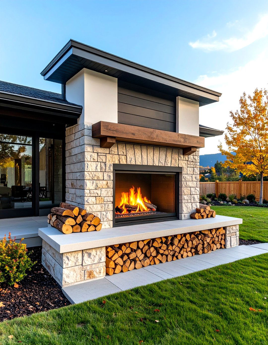 Wood Storage Integrated Fireplace Design - 24 Outdoor Fireplace Ideas