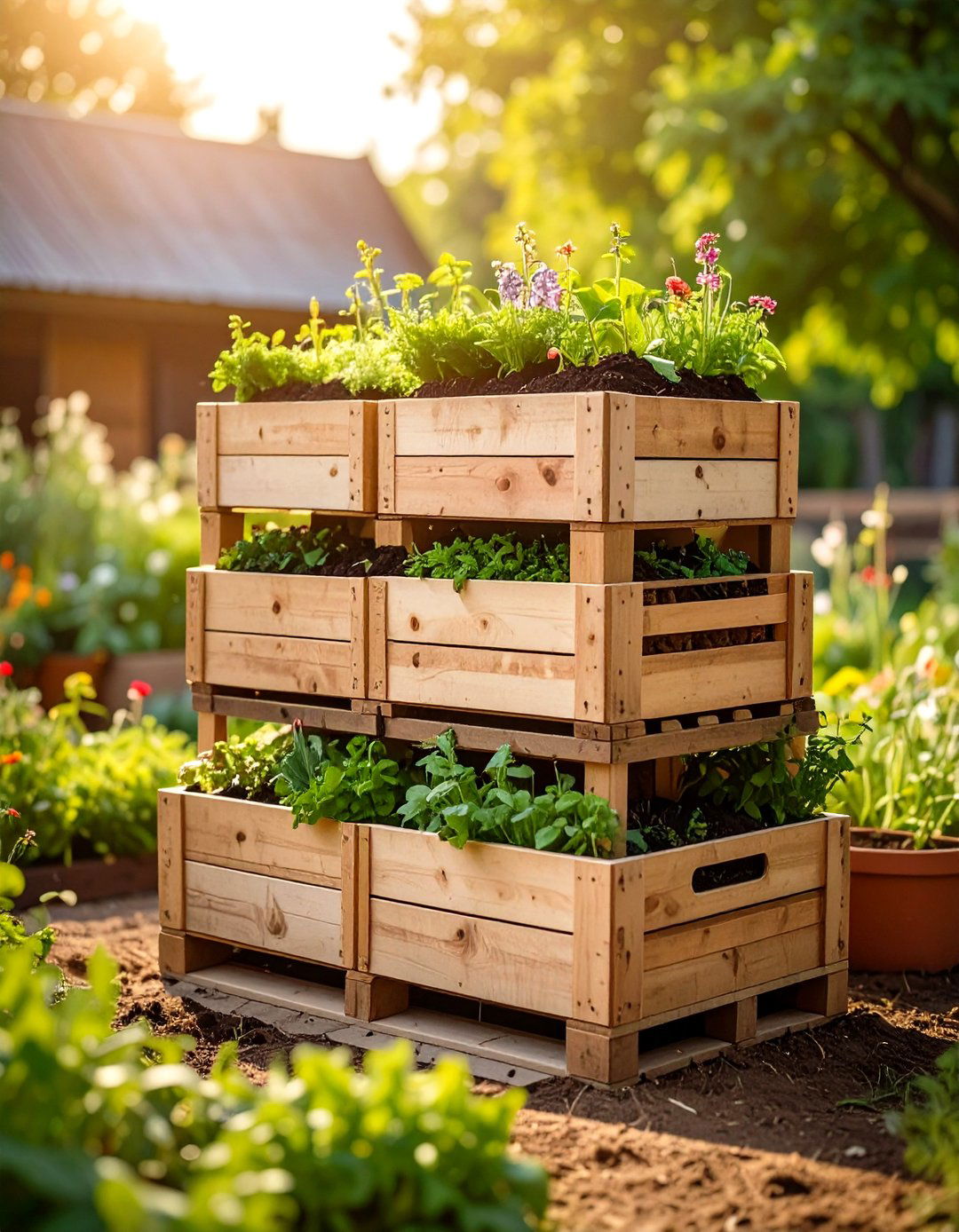Wooden Crate Stacking Garden - 24 Vertical Garden Ideas