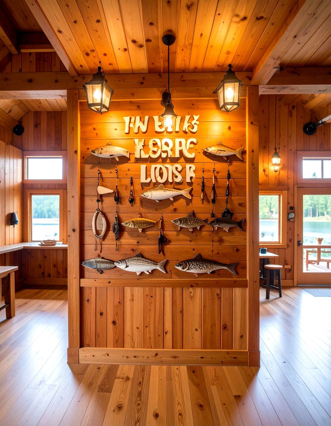 Wooden Fishing Lodge Sign with Outdoor Graphics - 24 Man Cave Sign Ideas