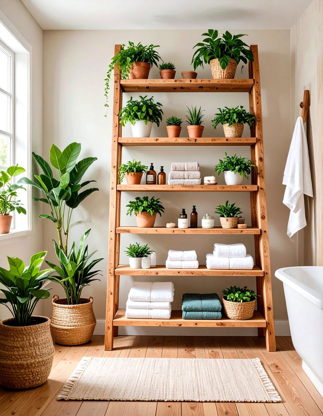 Wooden Ladder Shelf with Natural Finish - 24 Bathroom Wall Storage Ideas