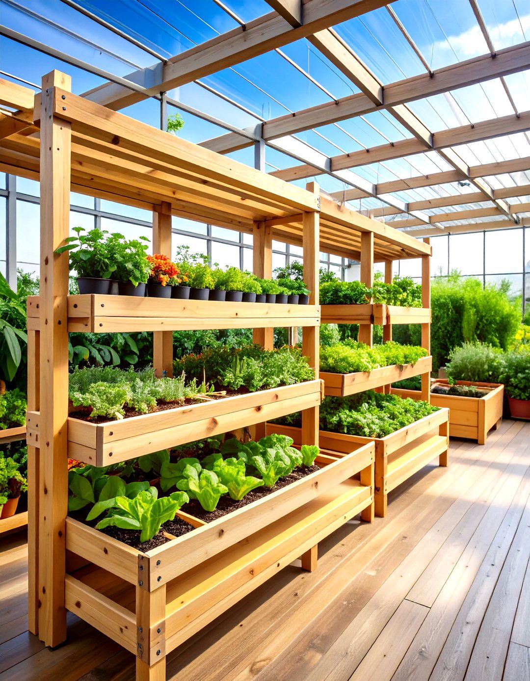 Wooden Slat Staging with Natural Drainage - 24 Greenhouse Shelving Ideas
