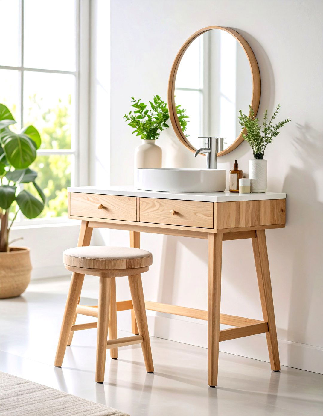 Wooden Vanity Stool Storage - 24 Scandinavian Bathroom Ideas