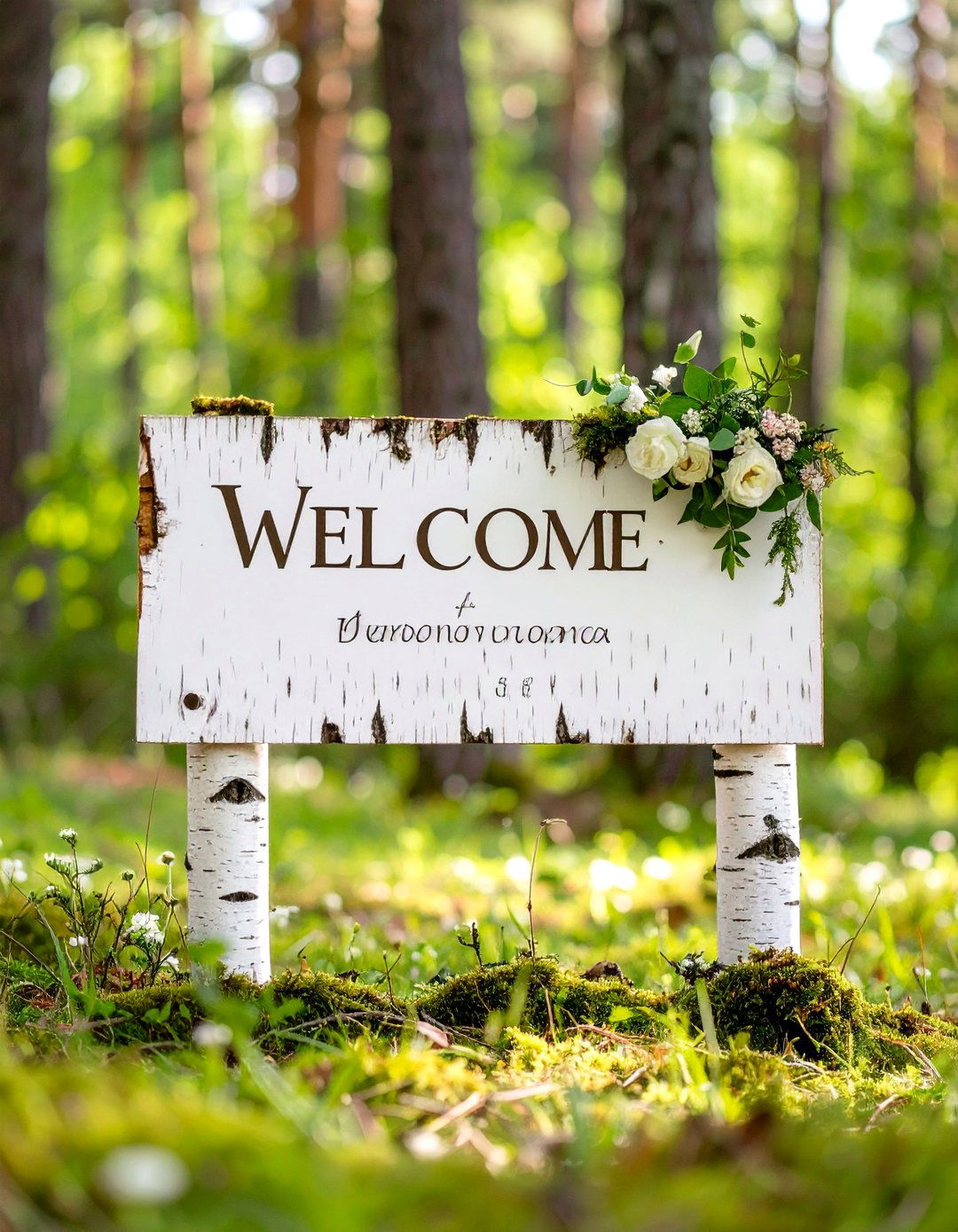 Woodland Wedding Welcome Sign with Birch Bark and Moss - 24 Wedding Welcome Sign Ideas