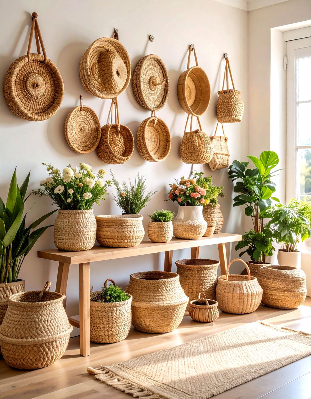 Woven Basket Displays - 24 Farmhouse Wall Decor Ideas
