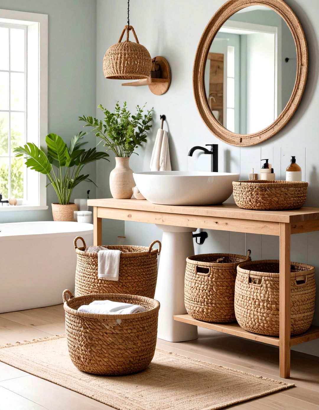 Woven Basket Storage System - 24 Pedestal Sink Storage Ideas