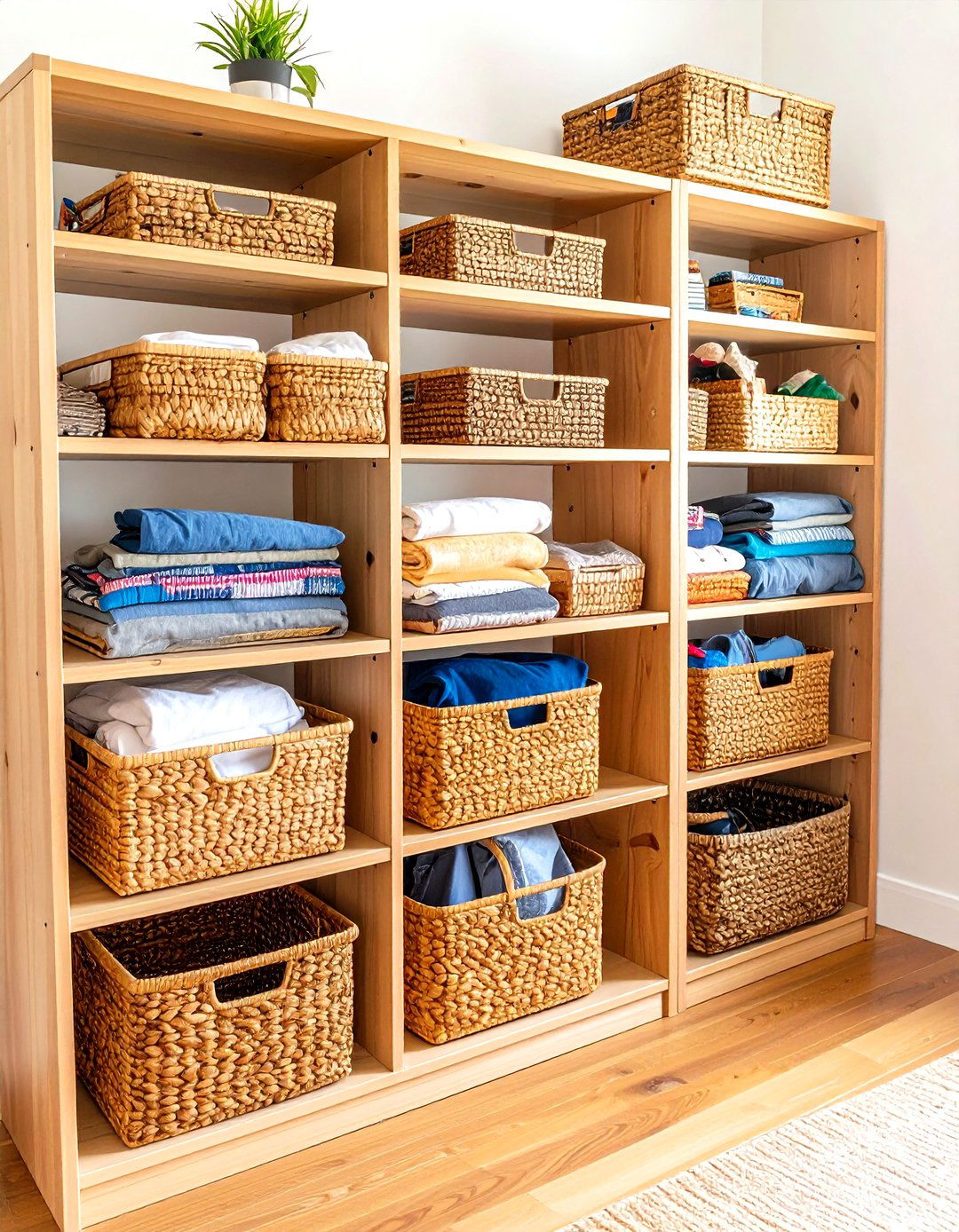 Woven Basket Storage System - 24 Boho Dorm Room Ideas