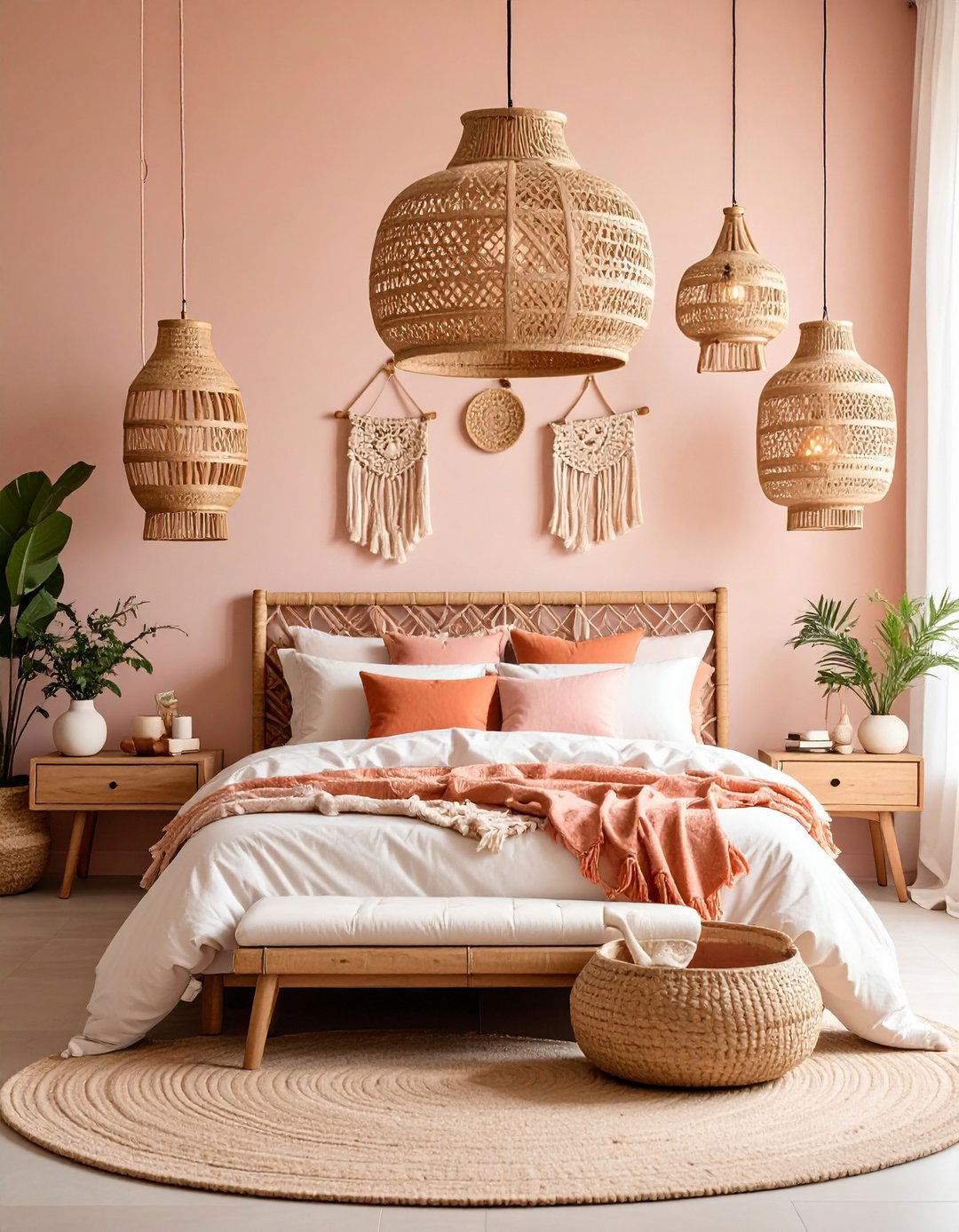 Woven Pendant Light Cluster - 24 Pink Boho Bedroom Ideas