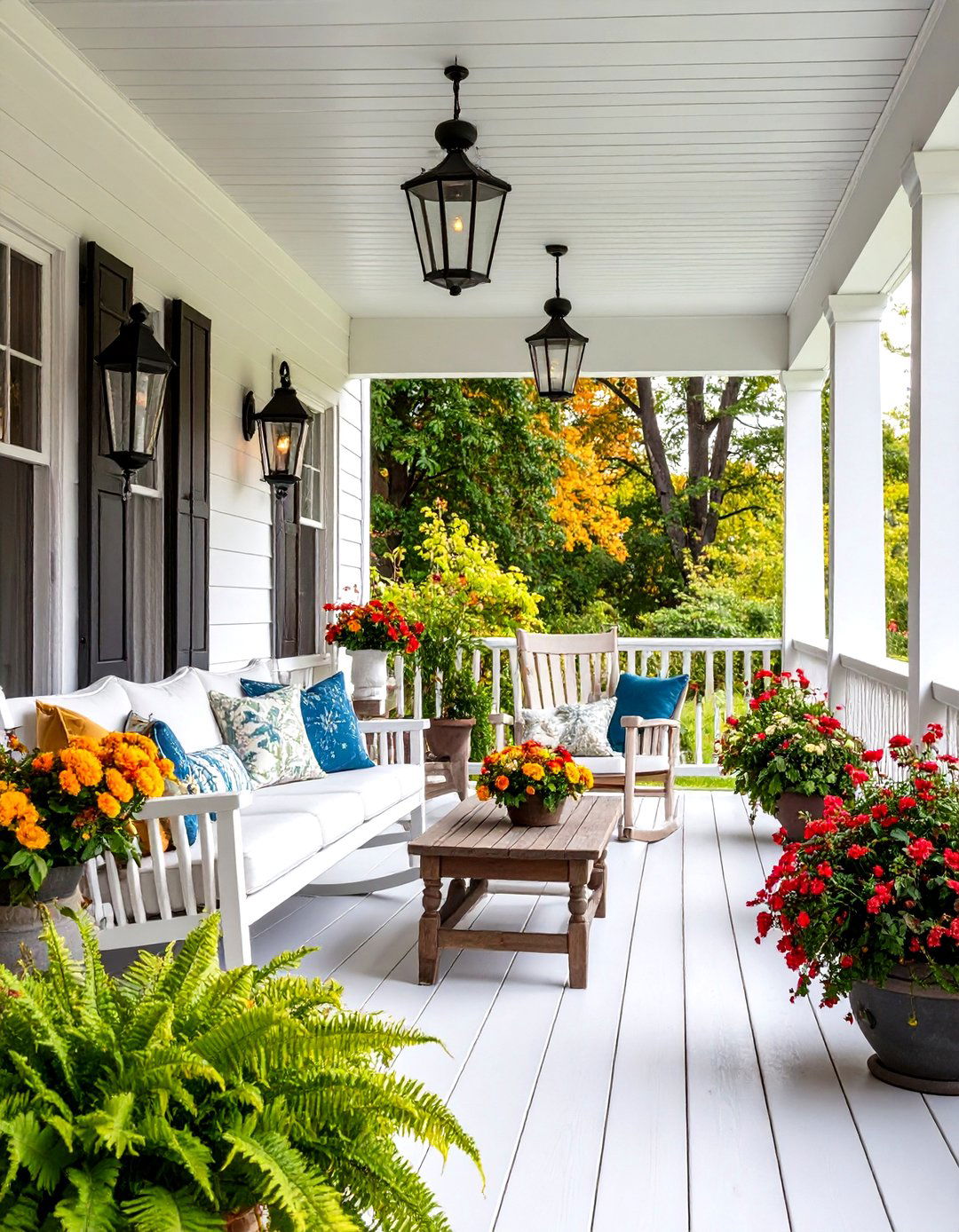 Wraparound Farmhouse Porch with Multiple Seating Areas - 24 Large Front Porch Ideas