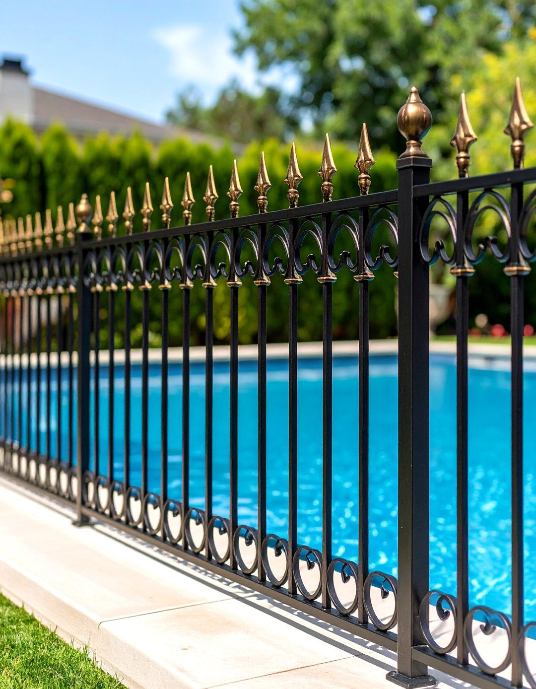 Wrought Iron Pool Fence with Ornate Scrollwork and Finials - 24 Pool Fence Ideas