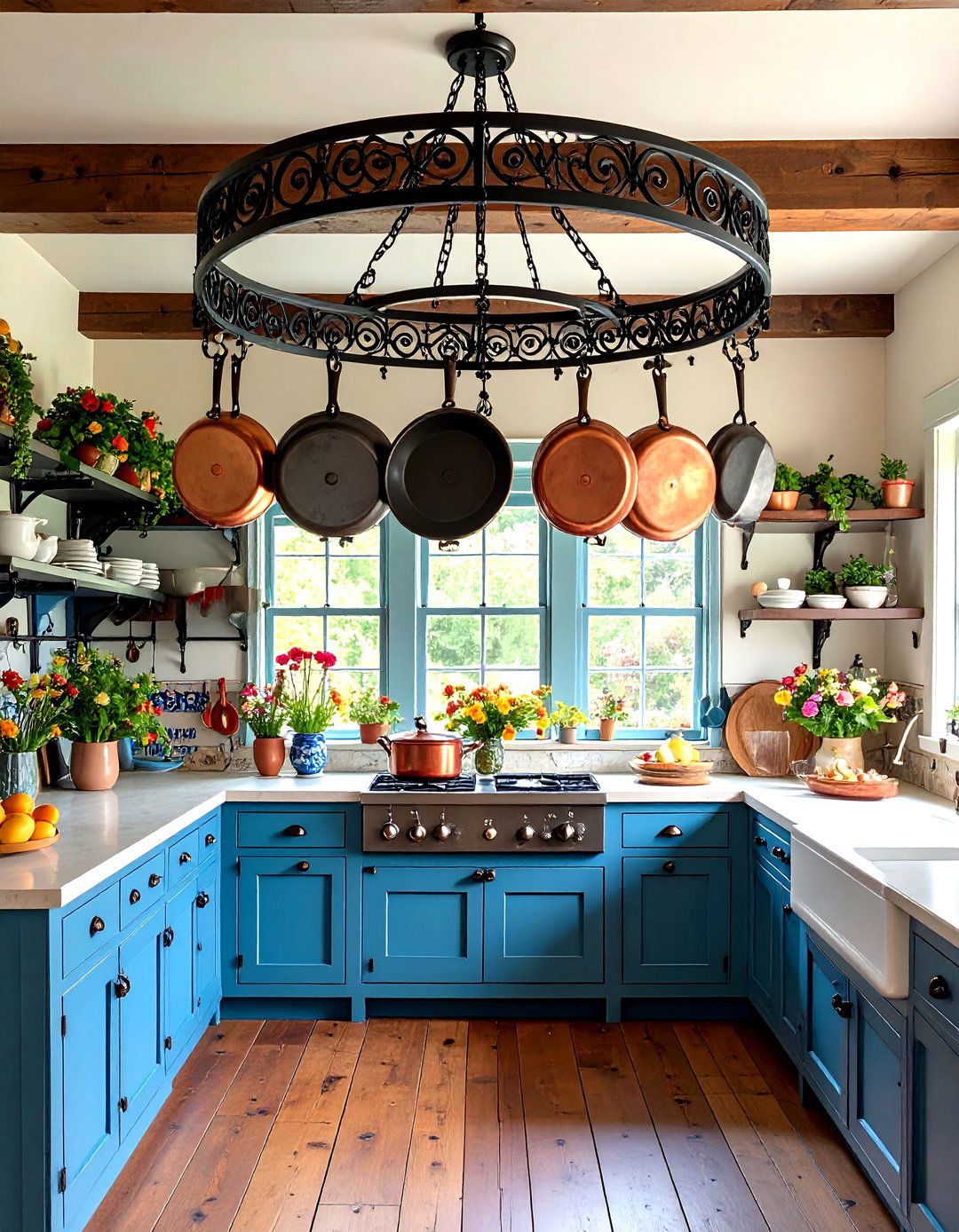 Wrought Iron Pot Rack Systems - 24 Primitive Kitchen Ideas