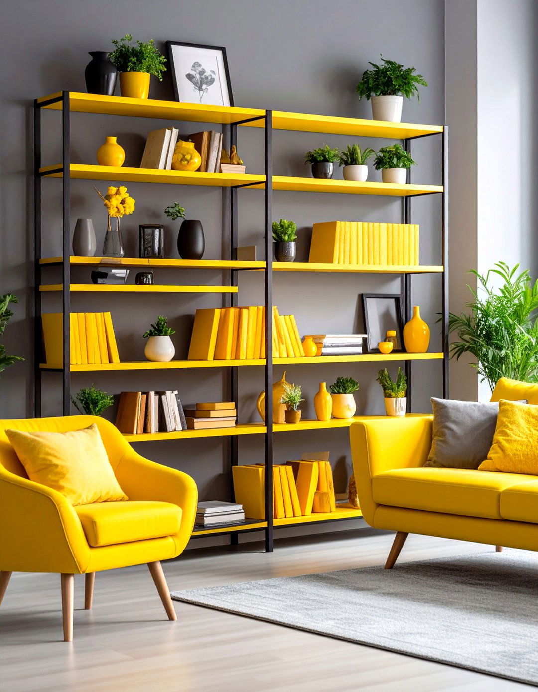 Yellow Bookshelf Styling in Grey Room - 24 Grey and Yellow Living Room Ideas