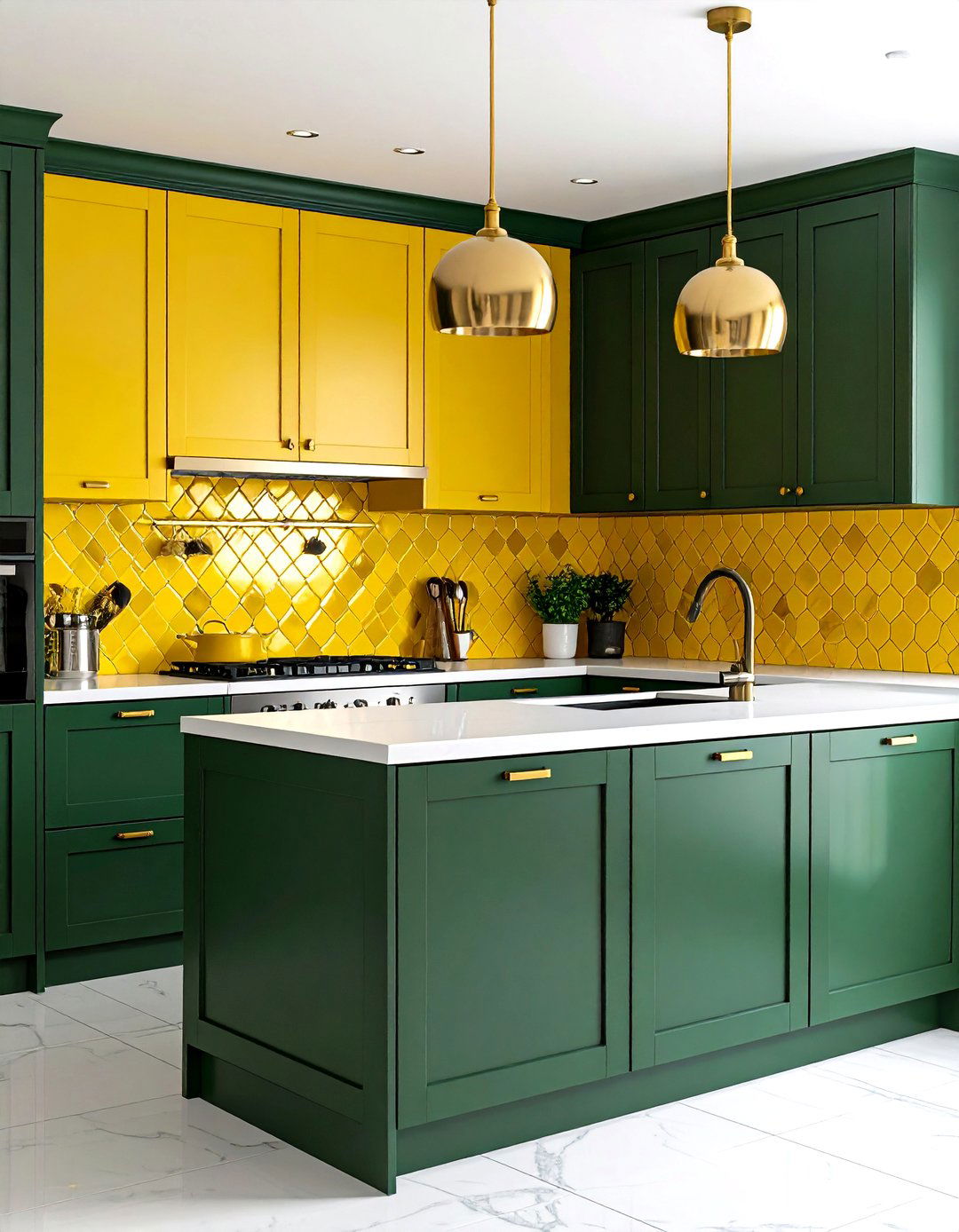 Yellow Mosaic Backsplash with Deep Green Cabinetry - 24 Green and Yellow Kitchen Ideas