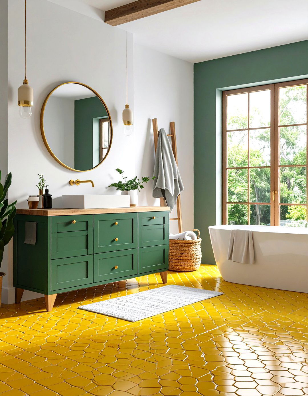 Yellow Penny Tile Floors with Emerald Green Vanity - 24 Yellow and Green Bathroom Ideas