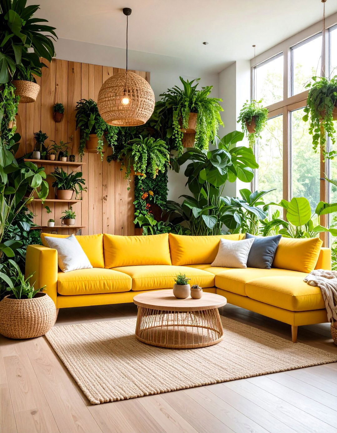 Yellow Sofa Plant Filled Biophilic Design - 24 Yellow Couch Living Room Ideas