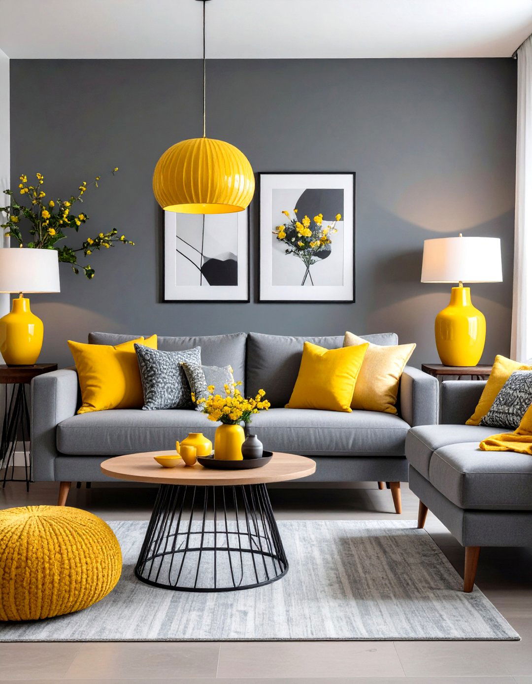 Yellow Table Lamps and Grey Furniture