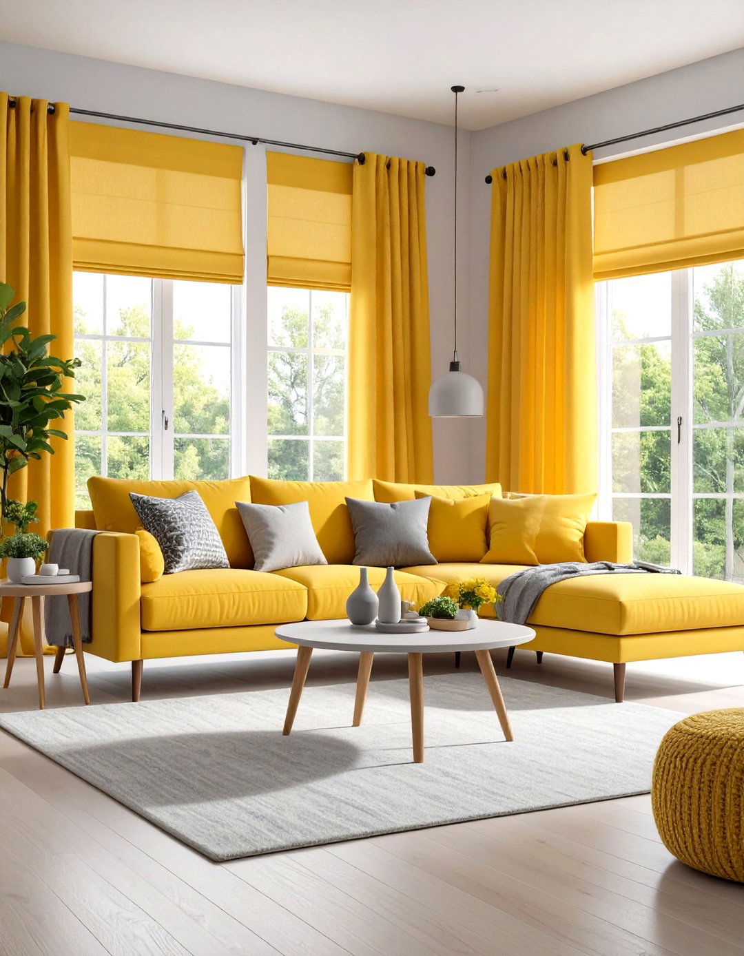Yellow Window Treatments with Grey Trim - 24 Grey and Yellow Living Room Ideas