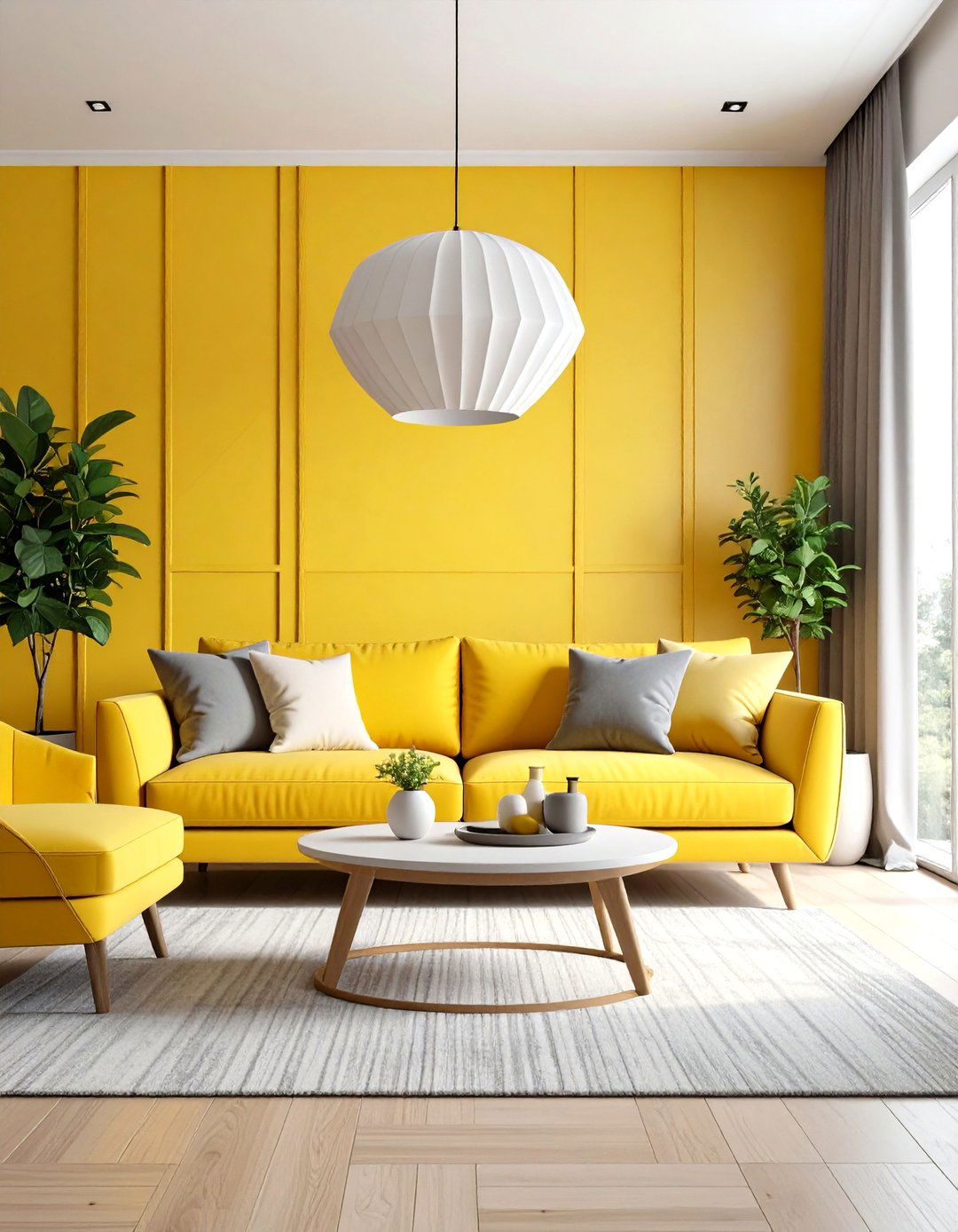 Yellow and Grey Wallpaper Feature Wall - 24 Grey and Yellow Living Room Ideas