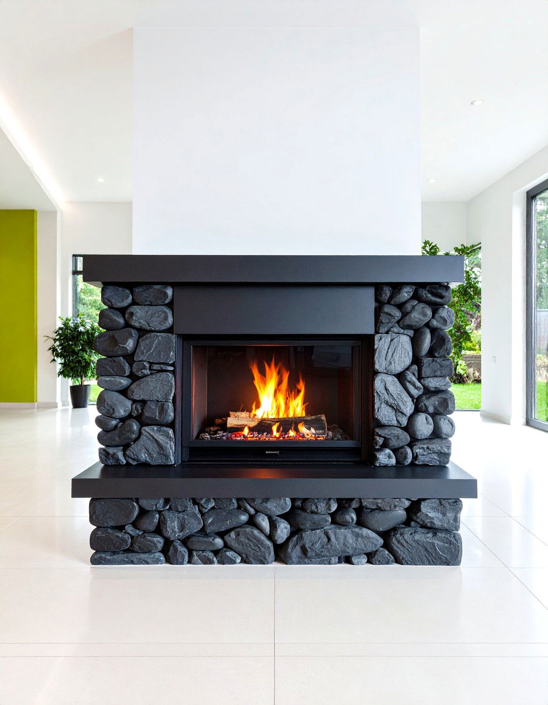 Zen Black River Rock Meditation Fireplace - 24 Black Stone Fireplace Ideas