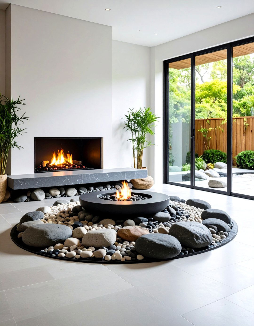 Zen Fireplace with Natural Stone Garden and Water Features - 24 Fireplace Ideas