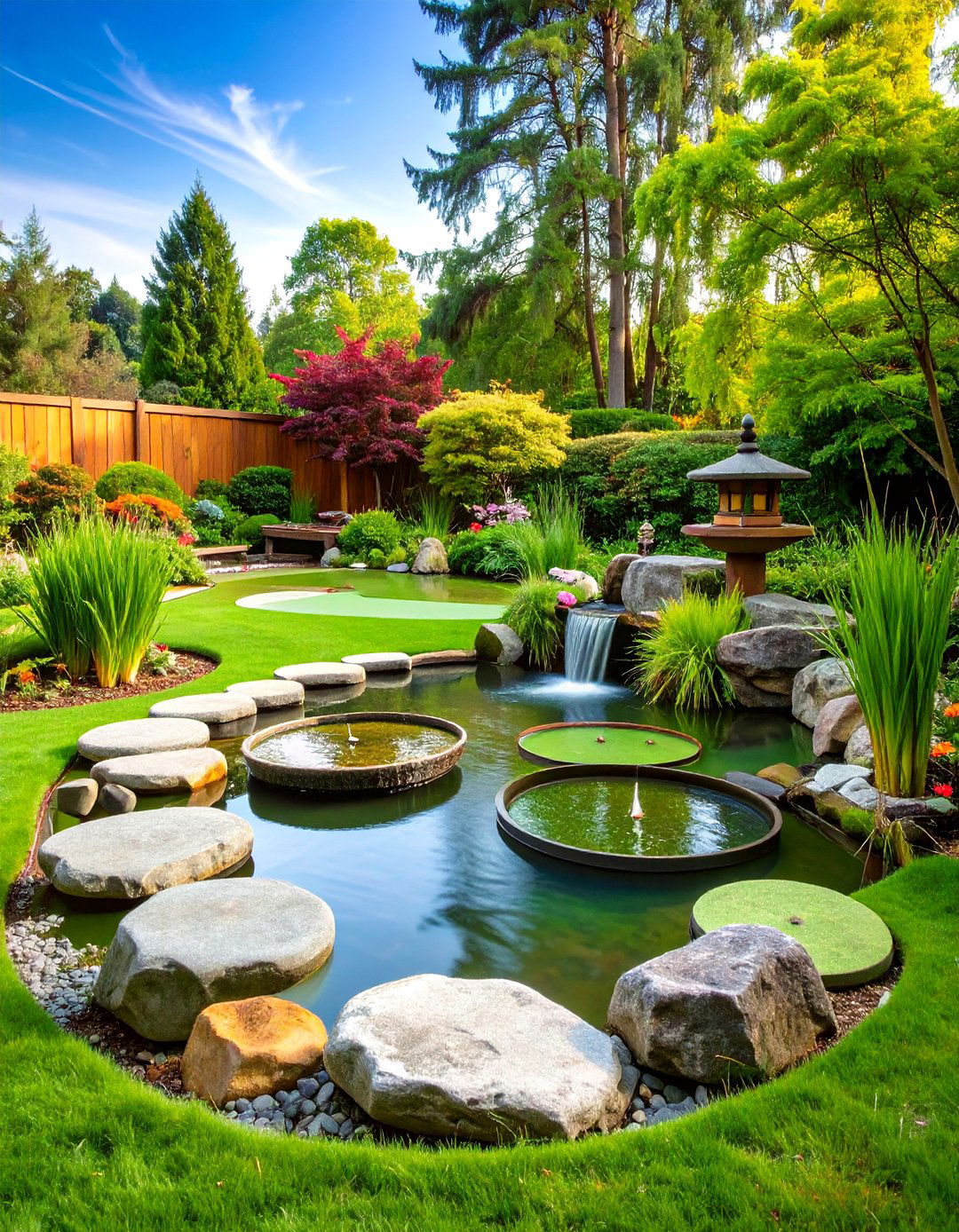 Zen Garden Putting Green with Water Features - 24 Backyard Putting Green Ideas