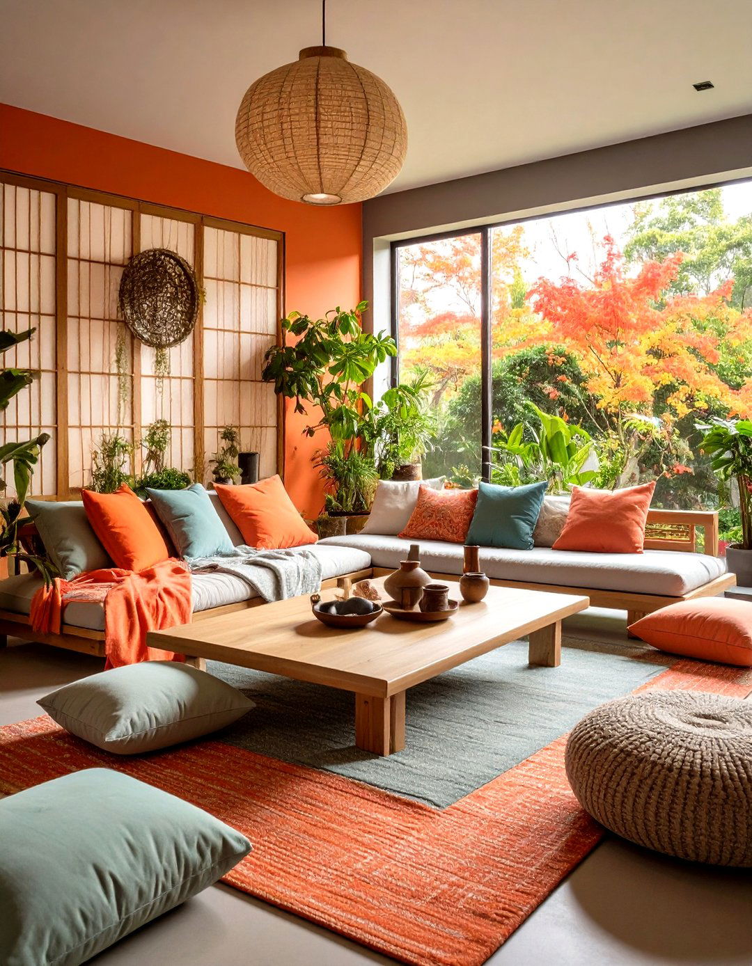 Zen Green Orange Meditation Living Room Space - 24 Green and Orange Living Room Ideas