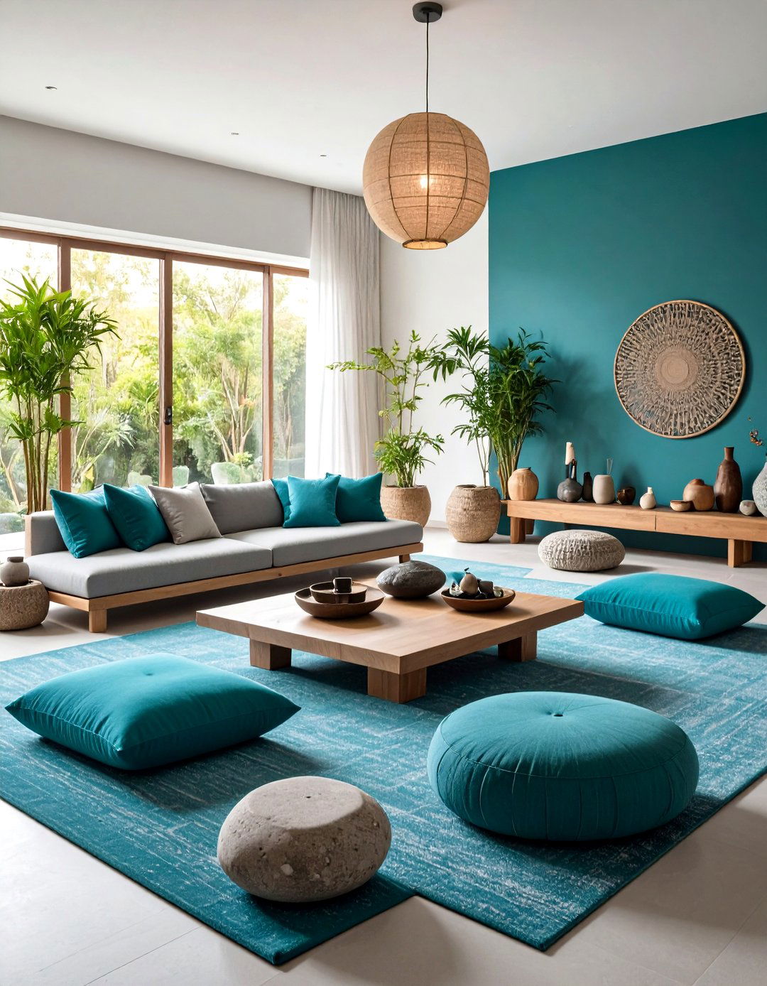 Zen Inspired Teal Meditation Corner with Soft Grey Seating - 24 Teal and Grey Living Room Ideas