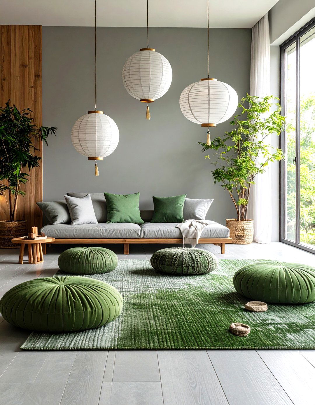 Zen Meditation Space with Forest Green and Silver - 24 Green and Grey Living Room Ideas