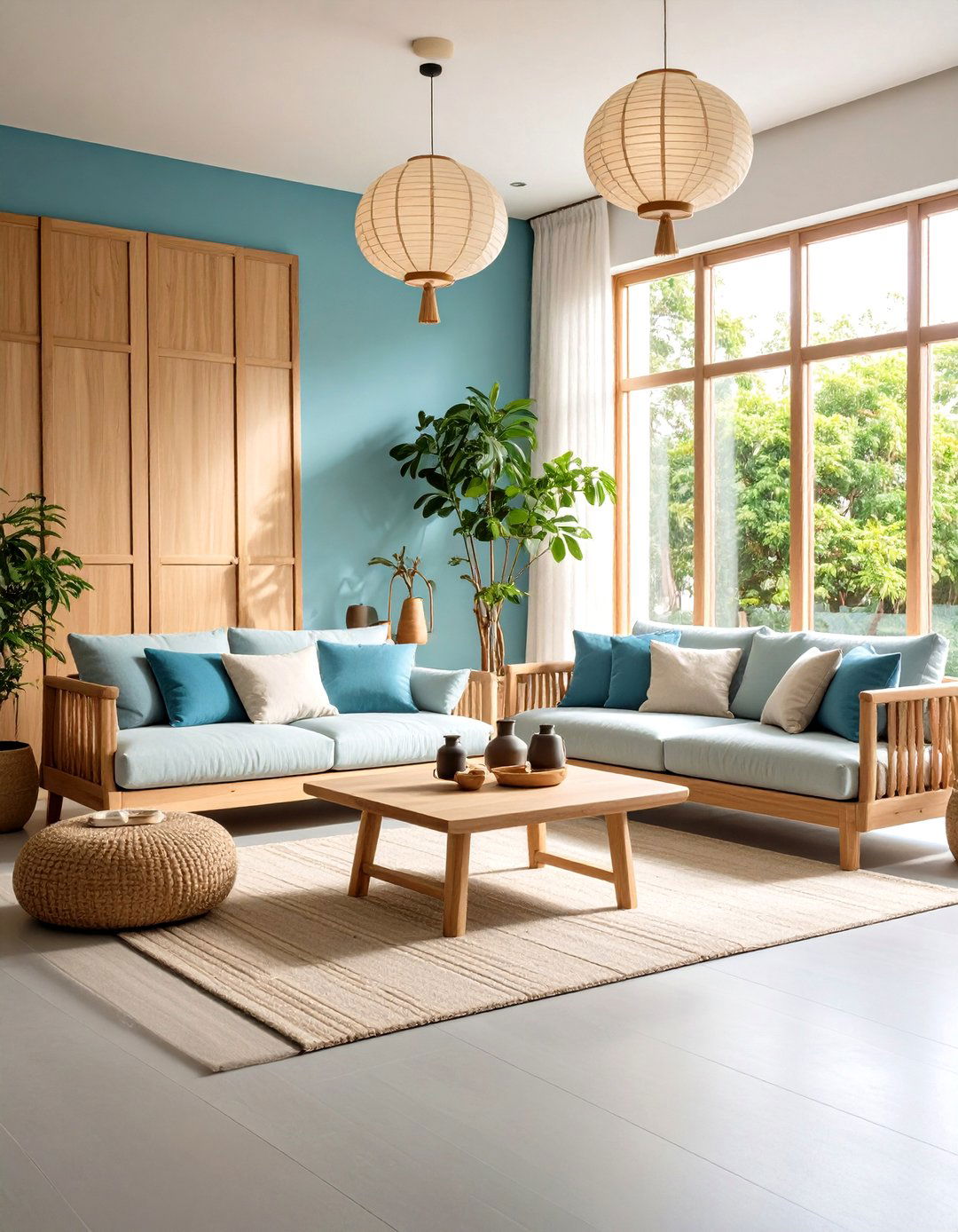 Zen Minimalist Grey Floor with Ice Blue Walls - 24 grey floor living room with blue walls ideas